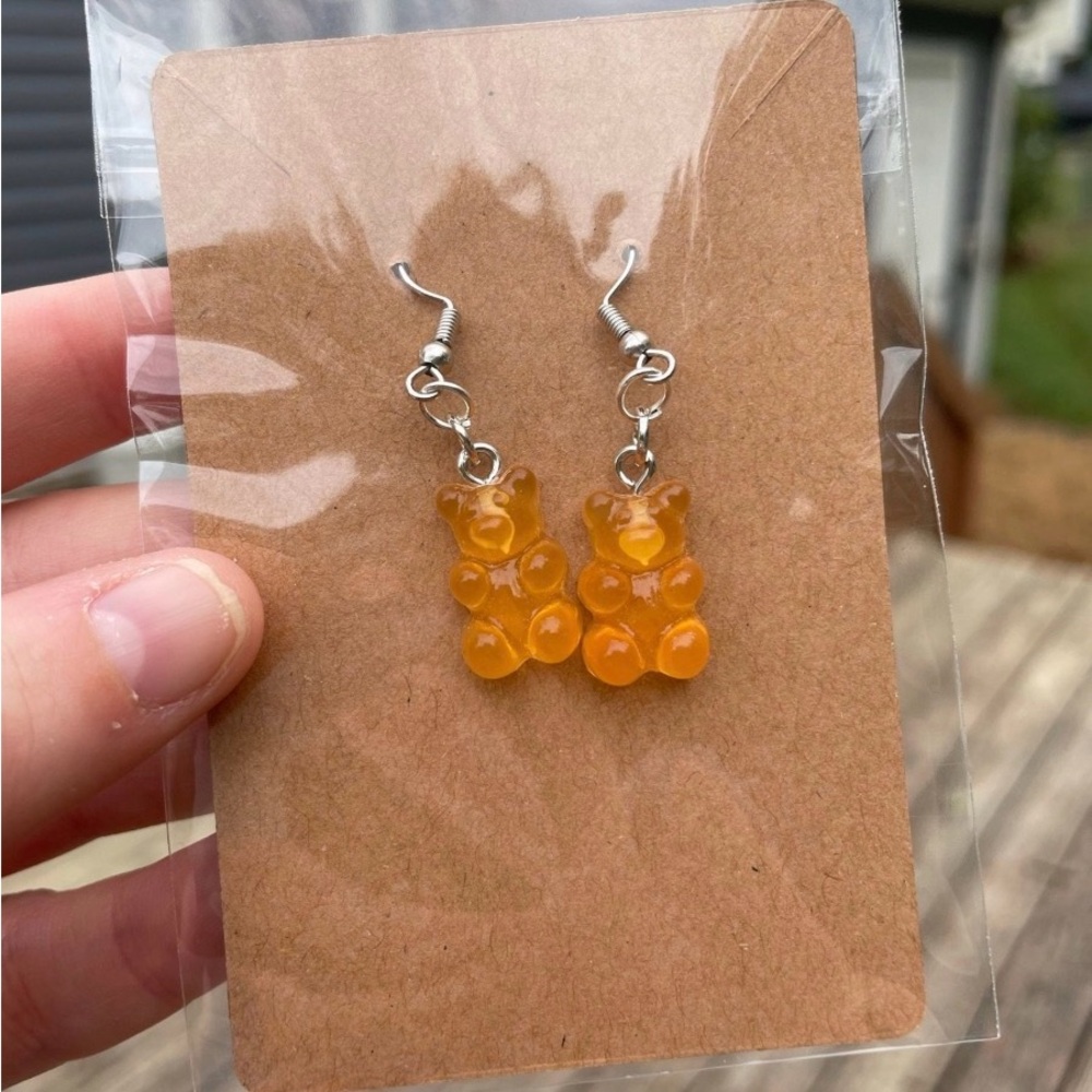 Hand-pieced Orange Gummy Bear Earrings